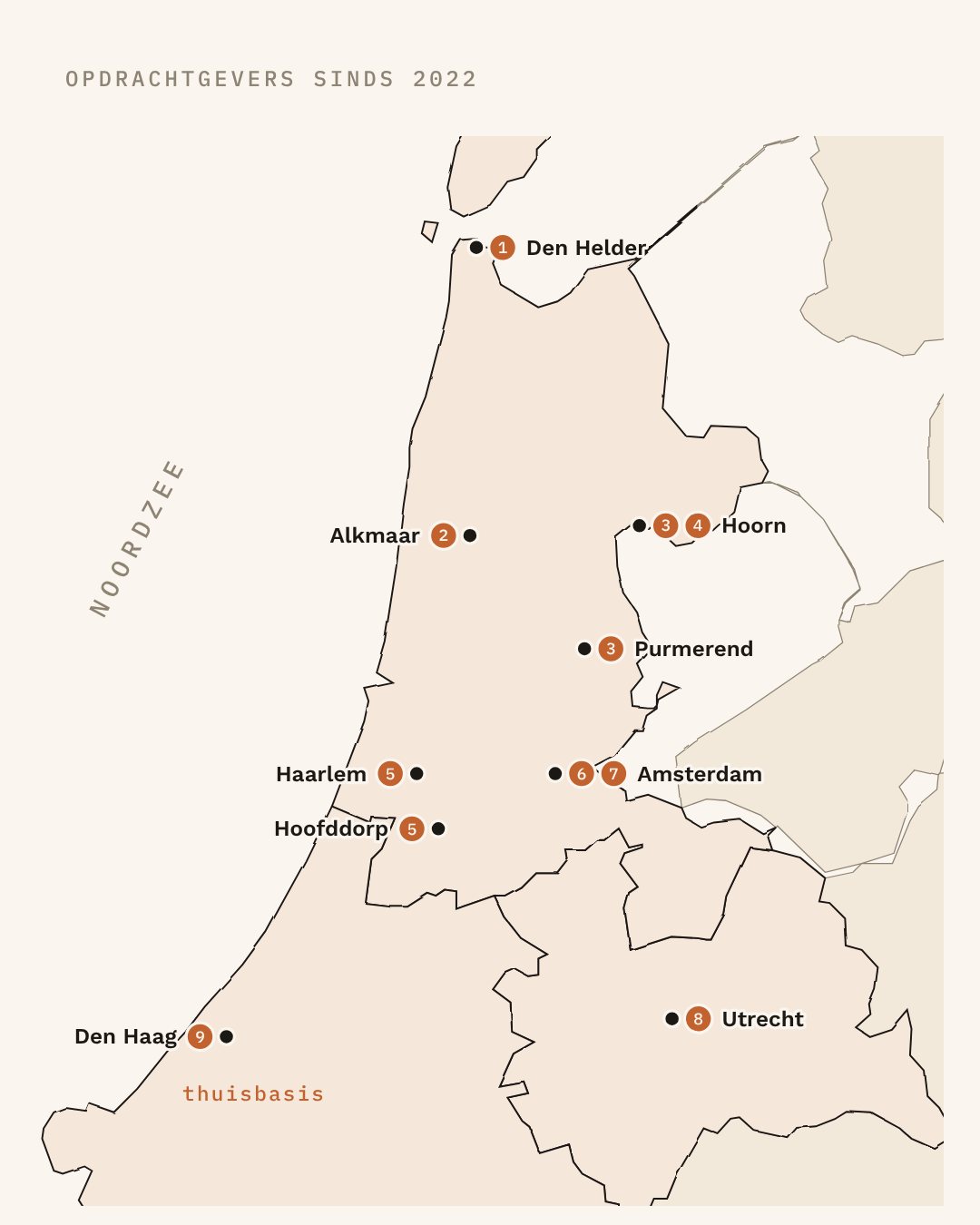 Kaart van West-Nederland met negen opdrachtgevers
